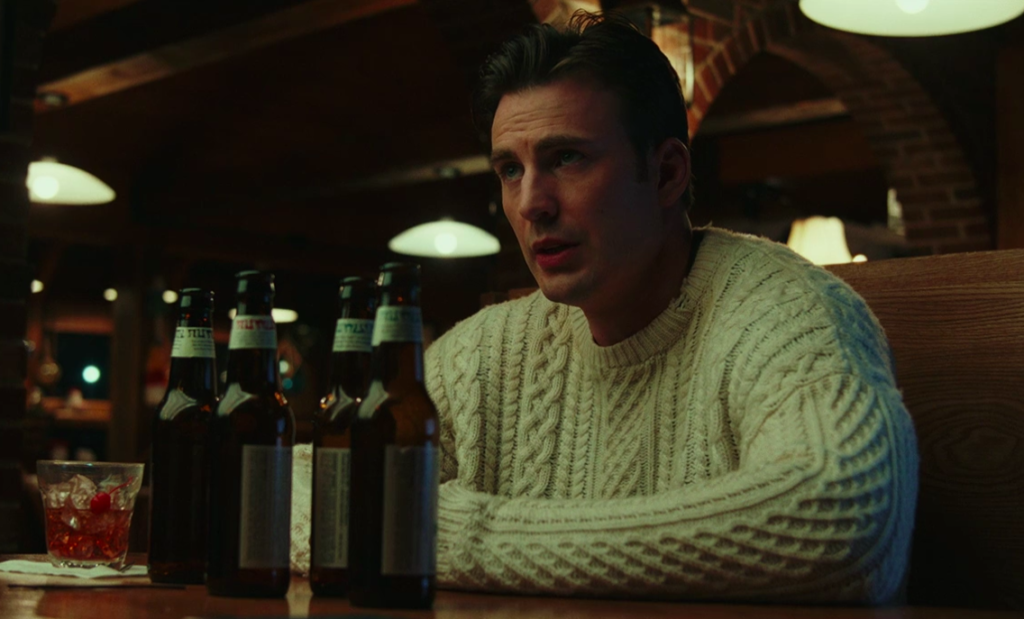 knives out 2019 chris evans in white sweater